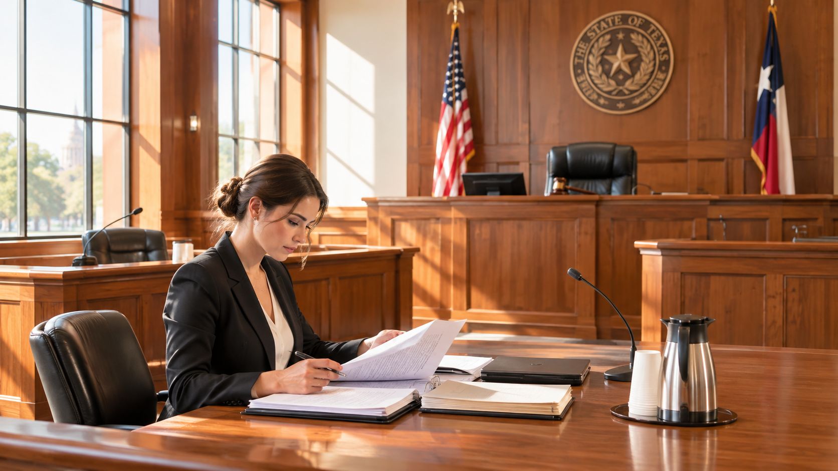 A professional female attorney reviewing legal documents while sitting at a wooden desk in a courtroom.