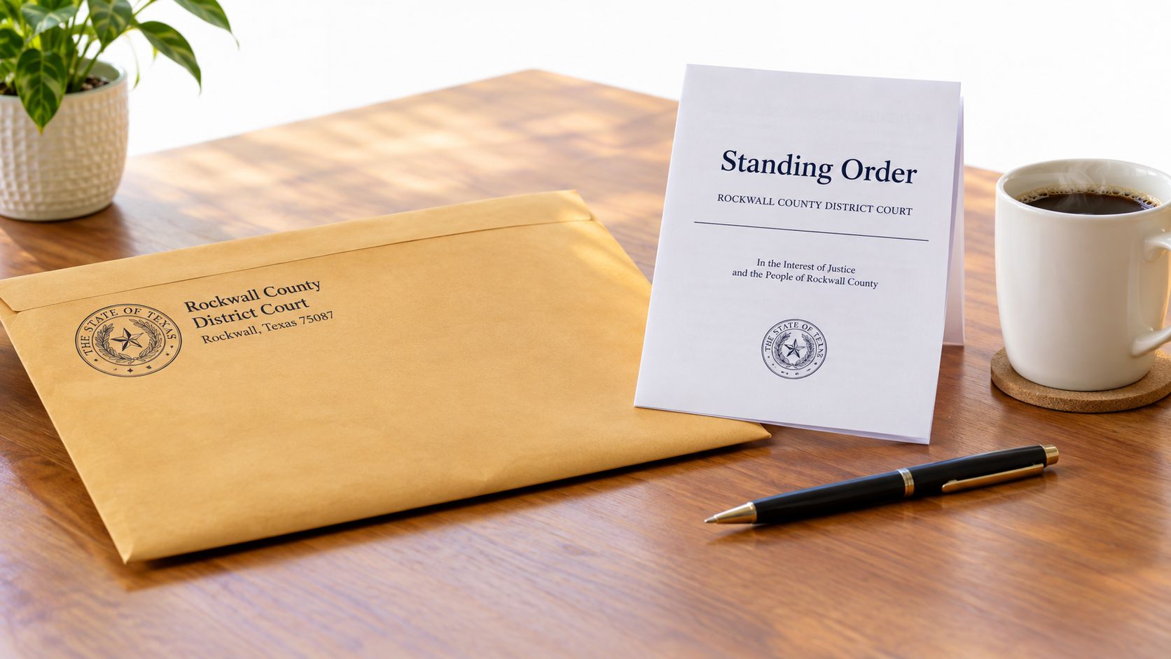 A brown envelope and a document labeled Standing Order from Rockwall County District Court on a desk.