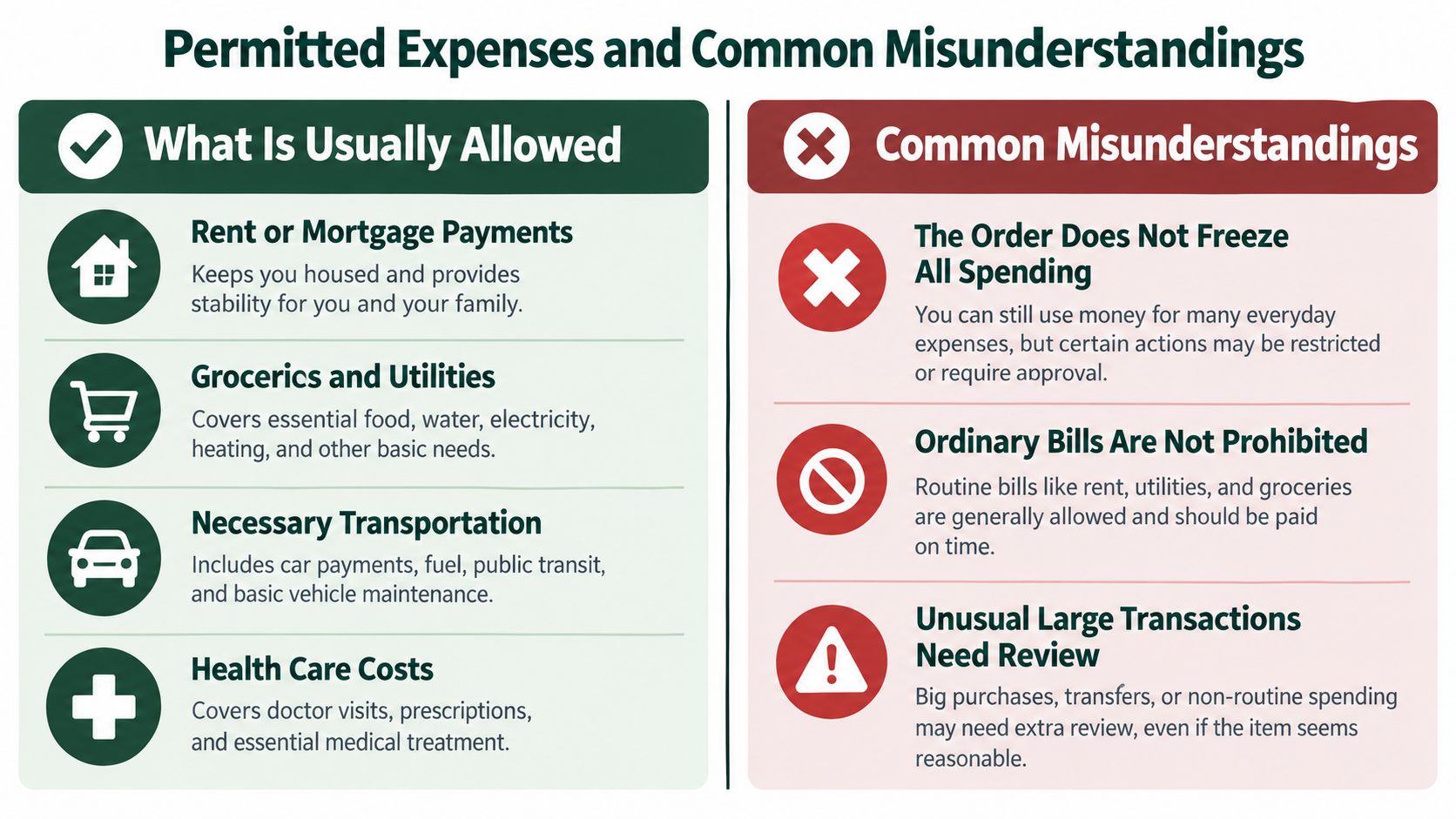 A chart detailing permitted financial expenses and common misconceptions regarding legal property freezing orders.